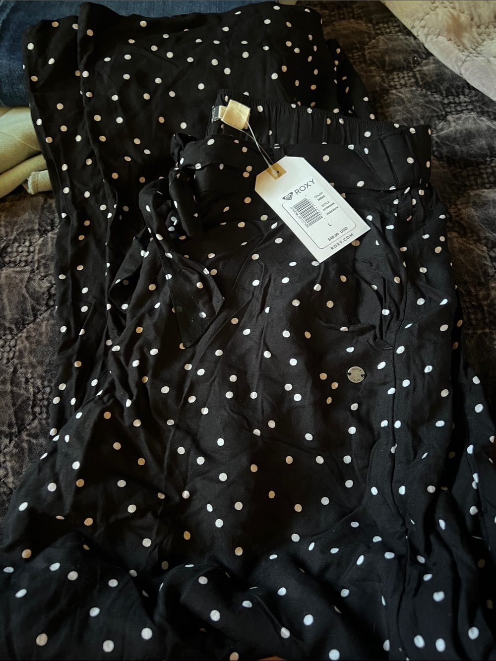 Roxy Black and White Polka Dot Wide Leg Pants with Tie, NWT